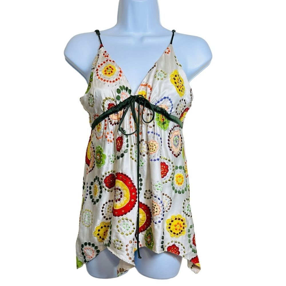 POLECI Silk Top Embroidered Design Sexy Thin Straps Bright Multicolored Size 4